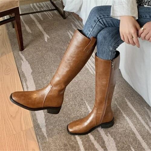 PXELENA Split Leather Knight Riding Motorcycle Knee High Boots Women Zip Square Toe Block Med Heels Shoes 2021 Spring Winter 40