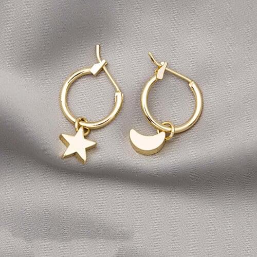 Korean Geometric Jewelry Gold Color Asymmetric Star Moon Dangle Drop Earrings For Women Simple Metal Earings Pendientes