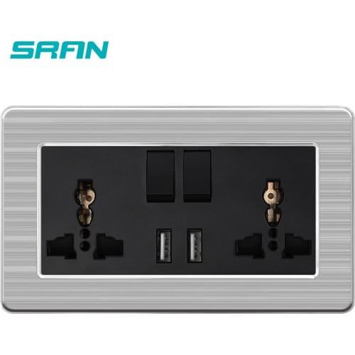 SRAN 2gang 13A Universal switched socket socket with dual USB output 2.1A wall outlet stainless steel brushed panel 146mm*86mm