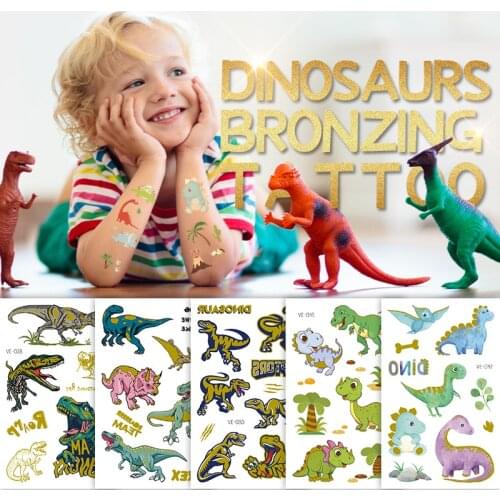Glitter tattoo for kids children fake hand tattoo dinosaur animals cartoon temporary tattoo gold waterproof colored tattoos cute