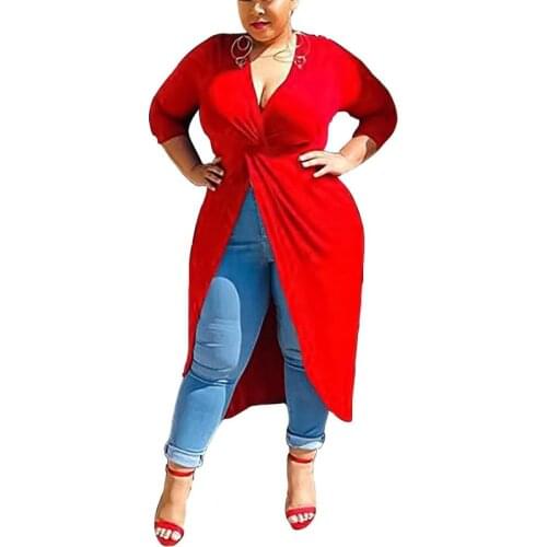 Spring and Summer Plus Size Dress 2021 New Dress Red Long Sleeves Open Deep V-neck Plain Long Fashion Elegant Pleated Dress New