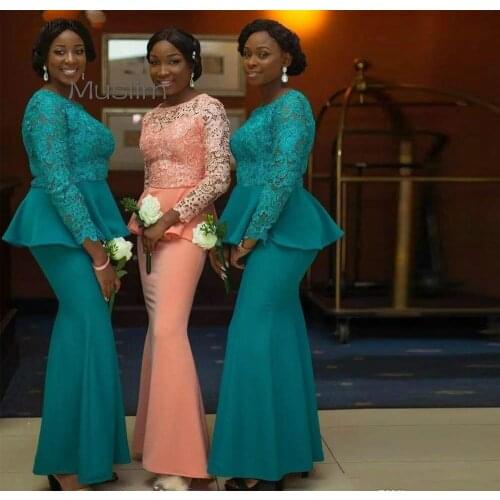 Vintage Turquoise Mermaid Bridesmaid Dresses Top Lace Long Sleeve Africa Nigeria Wedding Guest Dress Plus Size 2021 Evening Gown