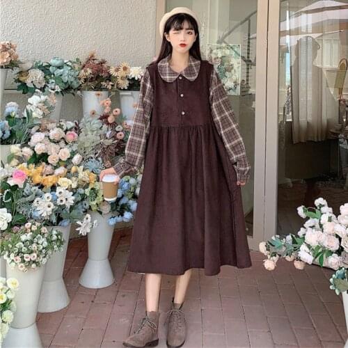 Japanese College Sweet lolita dress Doll Collar Loose All-Matching Student Long Sleeve Vintage Color-Contrast Check Shirt Female