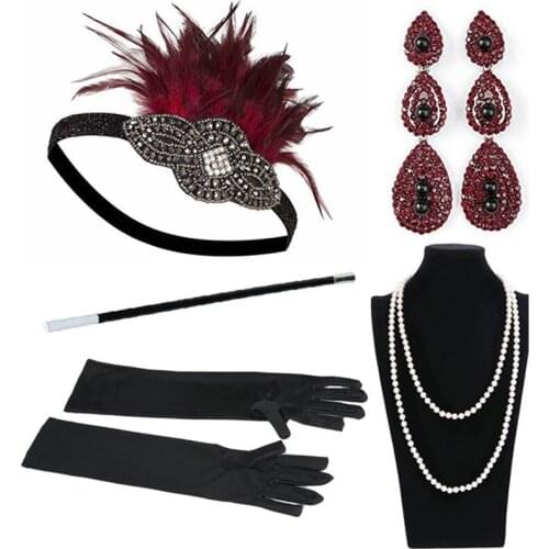 Factory Best Party Costume Accessories 1920s Flapper Black Feather Boa Headband Pearl Necklace Cigarette Holder Gloves