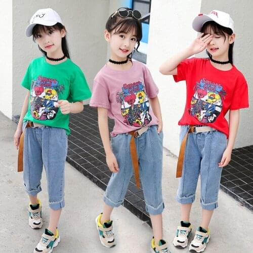 6-10Y Cotton T Shirts for Children 2019 Summer Baby Girls Tops Tees Printed Suit Tshirt + Jeans Kids Clothes Set