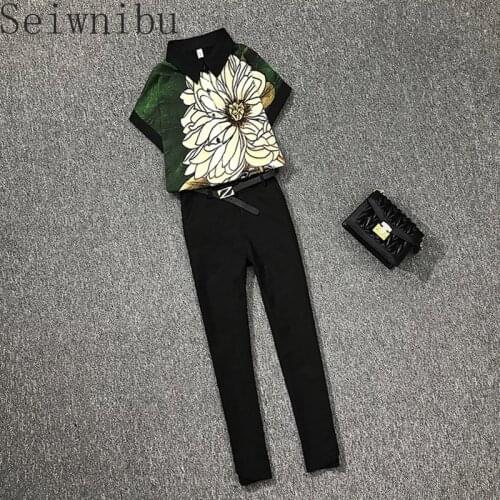 Womens Clothing 2020 summer Flower Printted Short Sleeve Shirt Blouse + Slim Ankle length Pants Suits Two piece Set Outfits