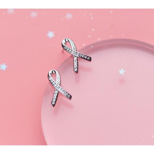 MloveAcc Authentic 925 Sterling Silver Ribbon anquet Stud Earrings for Women Clear CZ Sterling Silver Jewelry