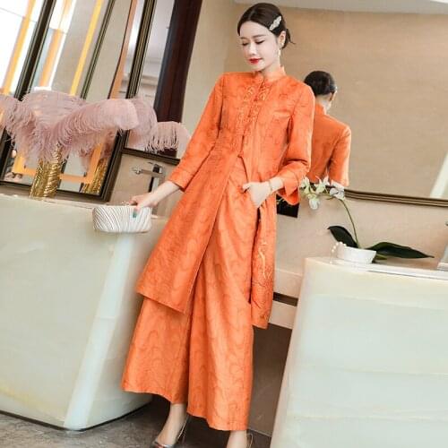 Chinese Style Embroidery Two-Piece Autumn And Winter New Ladies Retro Long Top + High Waist Wide Leg Pants S-2XL