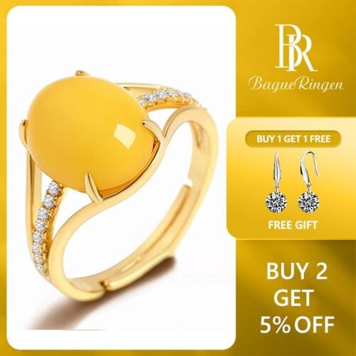 Bague Ringen 925 Silver Rings for Women Fine Jewelry Natural Yellow Amber Ring Adjustable Size Wedding Engagement Gift