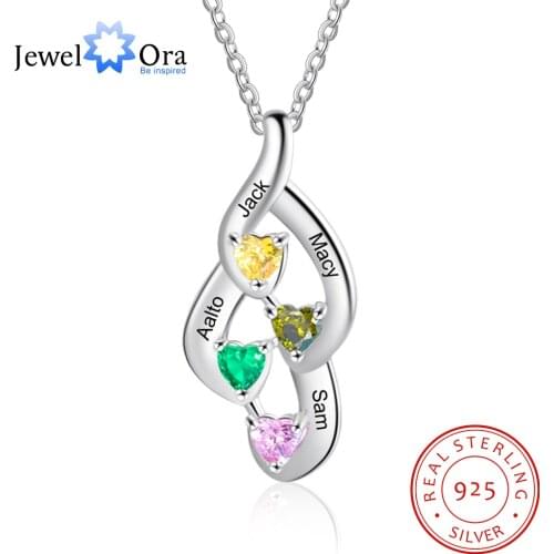 JewelOra 925 Sterling Silver Personalized Mother Necklace with 4 Custom Birthstones Engraving Name Heart Necklaces for Women