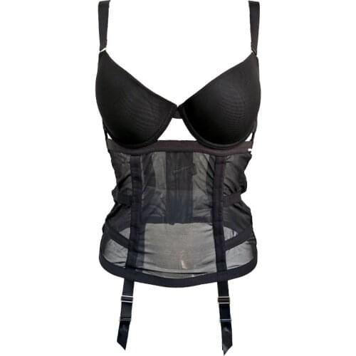 Solid Black Wide Strap Cutout Women Bustier with Belt Sexy Perspective Gauze Corset Plus Size Punk Female Underwear SH021