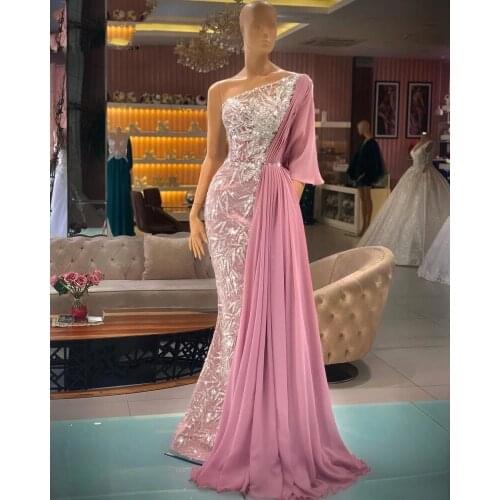 One Shoulder Pink Mermaid Evening Dresses Crystal Beaded Appliqued Prom Dress Custom Made Formal Party Gowns Robe de mariée