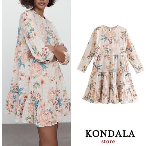 KONDALA Women Chic Flower Print Ruffles Trim Pleat Mini Dress Za Spring 2021 Fashion Three Quater Loose Female Dresses Vestidos