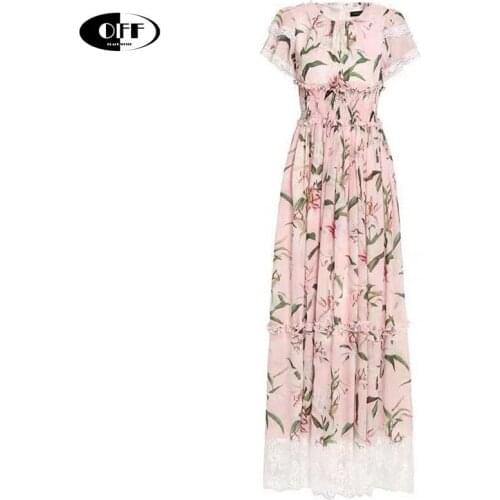 Bohemia Holiday Party Evening Maxi Dresses For Women Elegant Ruffles High Elastic Waist Pink Lace Up Lily Flower Long Dress Robe