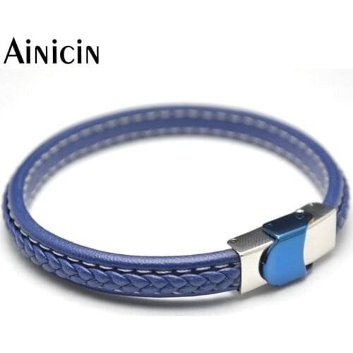 1pc Blue Color Genuine Leather Knit Fashion Men Bracelets Stainless Steel Easy Claps Adjustable Bracelets For Male Jewelry