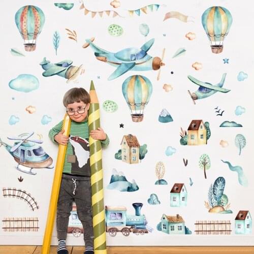 2pcs/set DIY Hand-painted Hot-air Balloon Train Wall Sticker for Children Room Nursery Wall Decoration Waterproof Boys Stickers
