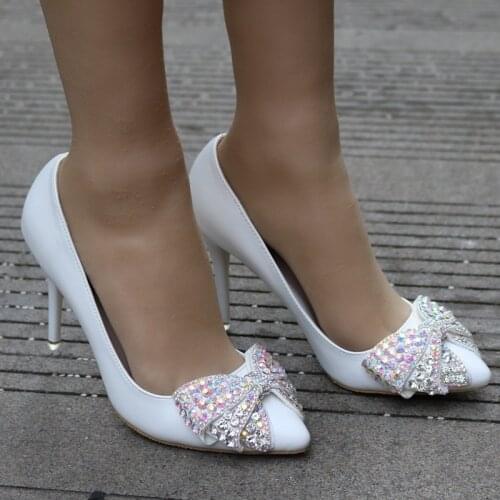 2019 Fashion Delicate Sweet Rhinestone Bowknot High Heel Shoes Pointed Toe Thin Heels 9.5CM Women Pumps Wedding Dress Shoes