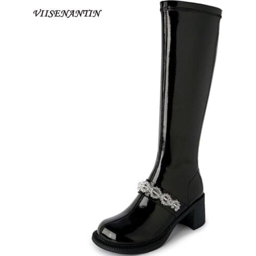 2021 Spring Thick Heel Patent Leather Round Toe White High Tube Martin Boots Zipper Fashion Rhinestone Long Tube Knight Boots