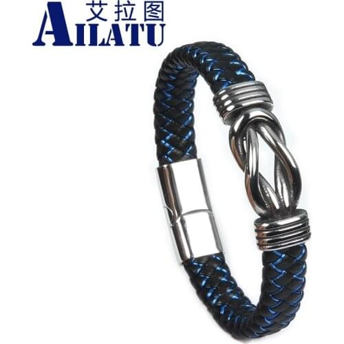 Ailatu 10pcs Infinity Symbol Stainless Steel Genuine Leather Knot Shape Bracelet Vintage Wrap Braided Bracelets Bangles