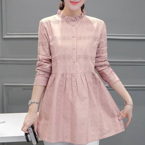 Spring Autumn Sweet Ladies Womens Ruffle Mandarin Collar Full Sleeve Embroidery Cotton Blouse , Female Lace Woman Grey Blouses