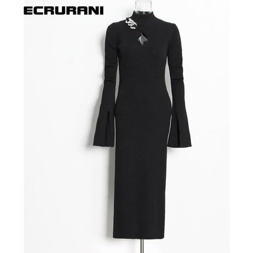 ECRURANI Black Casual Dress For Women Turtleneck Long Sleeve High Waist Hollow Out Solid Mid Dresses Females 2021 Tide Clothing