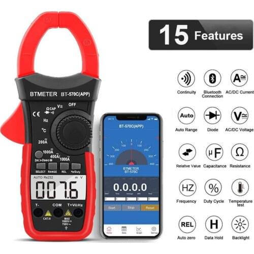 BTMETER BT-570C-APP Digital Clamp Meter 1000A AC/DC Current Voltage Capacitance Temperature Multimeter Connect to Phone Tester