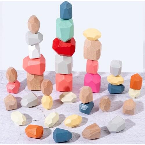 Children Wooden Rainbow Colorful Stone Wooden Building Block Early Educational Toy Stacking Game Kids Creative Toy Gift
