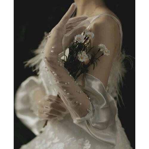 Ivory Long Wedding Gloves Silk Satin Elbow Length Tulle Party Gants De Mariee Pearl Bridal Gloves Beaded Wedding Accessories