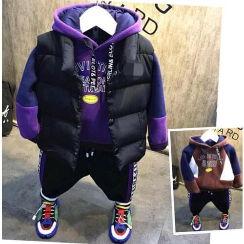 Boys kid infant toddler clothes set Children Boys Clothes set Sports Suits Vest +plush hoodie+ plush pants children Clothes suit