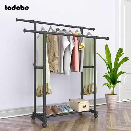 Double Pole Coat Rack Simple Reinforced Steel Frame Clothing Rack Bedroom Mobile Drying Rack Minimalist Floor Clothes Hanger
