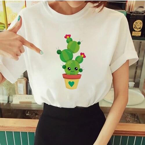 Cute Cactus Ball Print Women T-shirts Round Neck Youth Soft Girl Short Sleeve Simplicity Leisucre Tshirt womens Autumn