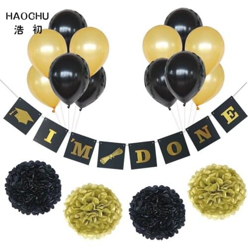 HAOCHU Mixed Black Gold Banner Tissue Pom Poms Balls Latex Balloons Birthday Graduation Ceremony Party Decor Set Favor