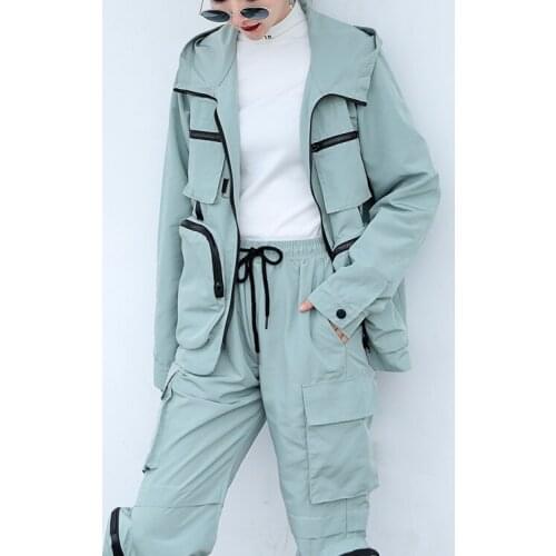 Women two piece set autumn Safari Style fashion many pockets Detachable sleeve Hooded Elastic Waist women clothes Euro-America