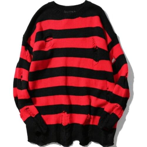 Red Black Striped Sweater Men Harajuku Pulls Oversized Pullover Knitted Sweaters Male Grunge Distressed Ripped Jumper Torn Hole