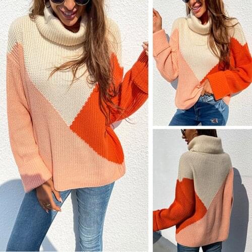 ZJZLL Hot Sale Autumn Winter New Fashion Loose Sweater Womens European and American Contrast Color Lapel Pullover Knitted Top