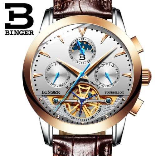 Tourbillion Mechanical Wristwatches Switzerland luxury Mens watch BINGER brand Sapphire Genuine Leather Strap Clock B1188-10