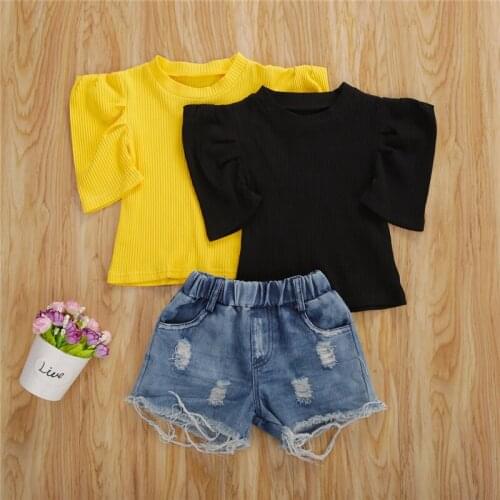 2020 Fashion Summer Toddler Kid Baby Girls Clothes Set Solid Color Puff Sleeve T shirt Tops Denim Shorts 2pcs Outfit