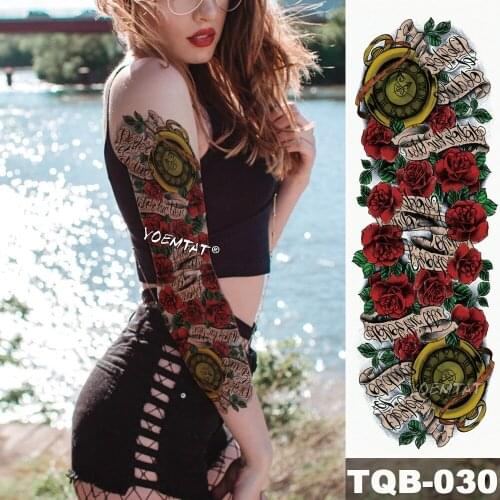 New 1 Piece Temporary Tattoo Sticker Rose scroll vintage Pocket watch Tattoo Arm Body Art Big Sleeve Large Fake Tattoo sticker