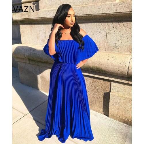 VAZN WYNZ8213 blue new product 2019 summer sexy lady mid dress full sleeve solid dress sexy lady streetwear slash neck dress