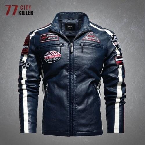 New Mens Leather Jackets Vintage Motorcycle Embroidery Patchwork PU Overcoats Male Winter Fleece Biker Bomber Leather Jackets