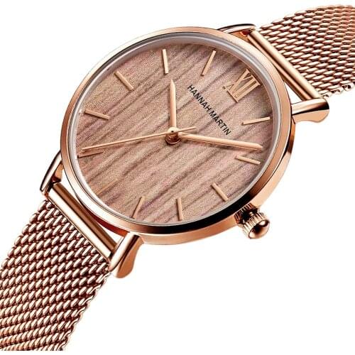 New Arrival Japan Quartz Movement Wood grain Walnut Fashion Stainless Steel Mesh Band Waterproof Women Wrist watches