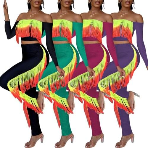 Solid Tassel Skinny Women Two Piece Set Casual Lounge Wear 2021 Summer Long Sleeve Crop Top Elegant Suits Pencil Pants Set