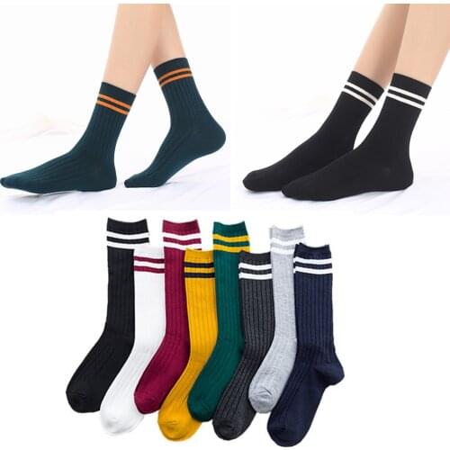 Autumn Socks Women Woman Korean Version of The Two Bars Japanese Striped Cotton Tube Pile Socks Ins Tide Socks College Style