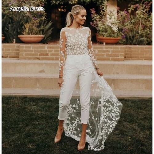 Sexy Backless Wedding Dresses Pant Suit Bride Appliqued Lace Long Sleeve Boho Beach Jumpsuit Bridal Gowns Formal Reception Dress