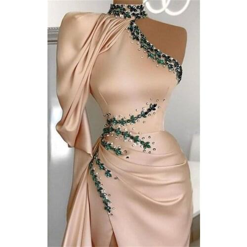 Champagne Side Split Mermaid Prom Dresses Beaded High Neck Long Sleeve Evening Dress Party Second Reception Gowns