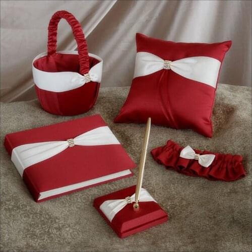 5Pcs/Set Red Satin Wedding Ring Pillow+Guest Book+Pen+Garter Flower+Basket Set Romantic Bride Wedding accessories event supplies