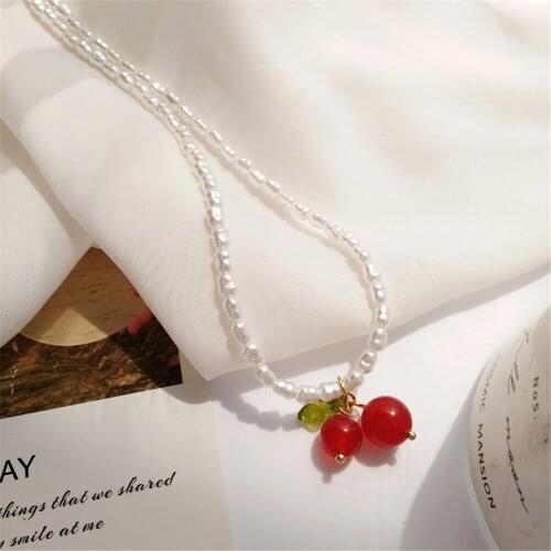 RUANME Han Edition Cherry Necklace Sweet Wind Pearl Necklace Pendant Necklace Fashion Niche Female Collarbone Chain Jewelry