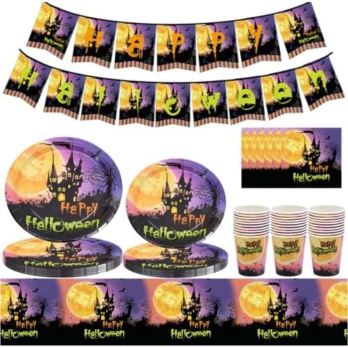 Happy Halloween Party Decorations Disposable Tableware Banner Plates Cups Napkin Dinnerware Festival Favor Eve Supplies Sets