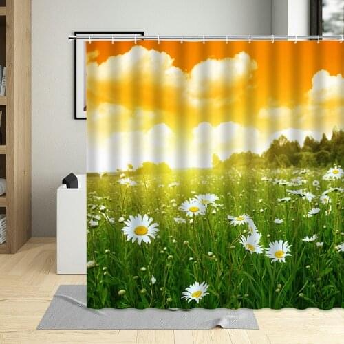 Rural Idyllic View Flower Shower Curtain Daisy Natural Scenery Decor Bathroom Garden Curtains Waterproof Fabric With Hooks Sets