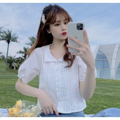 Button up shirt Lapel pleated lace short puff sleeve shirt women